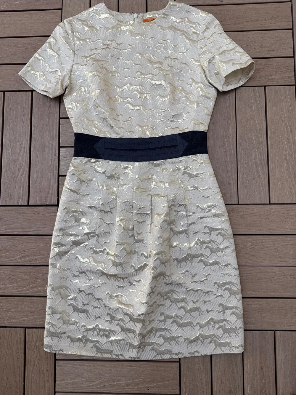 Tory Burch Mini Horses silk gold metallic jacquard dress with black ribbon belt